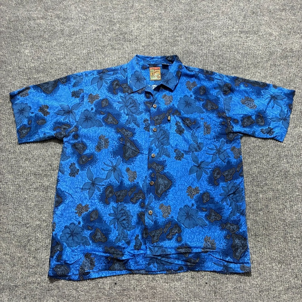 Pineapple Connection Mens Button Up Shirt Size XL Blue Floral Rayon Short Sleeve